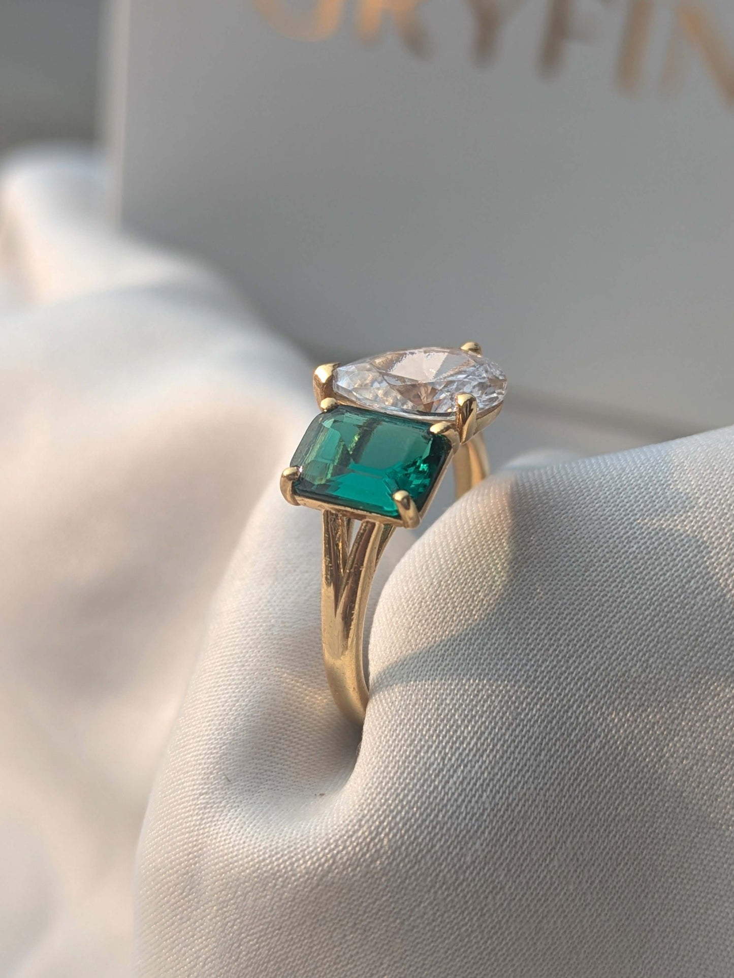 Green Emerald & Pear Toi Et Moi Solitaire Silver Ring