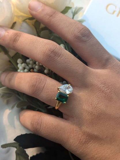 Green Emerald & Pear Toi Et Moi Solitaire Silver Ring