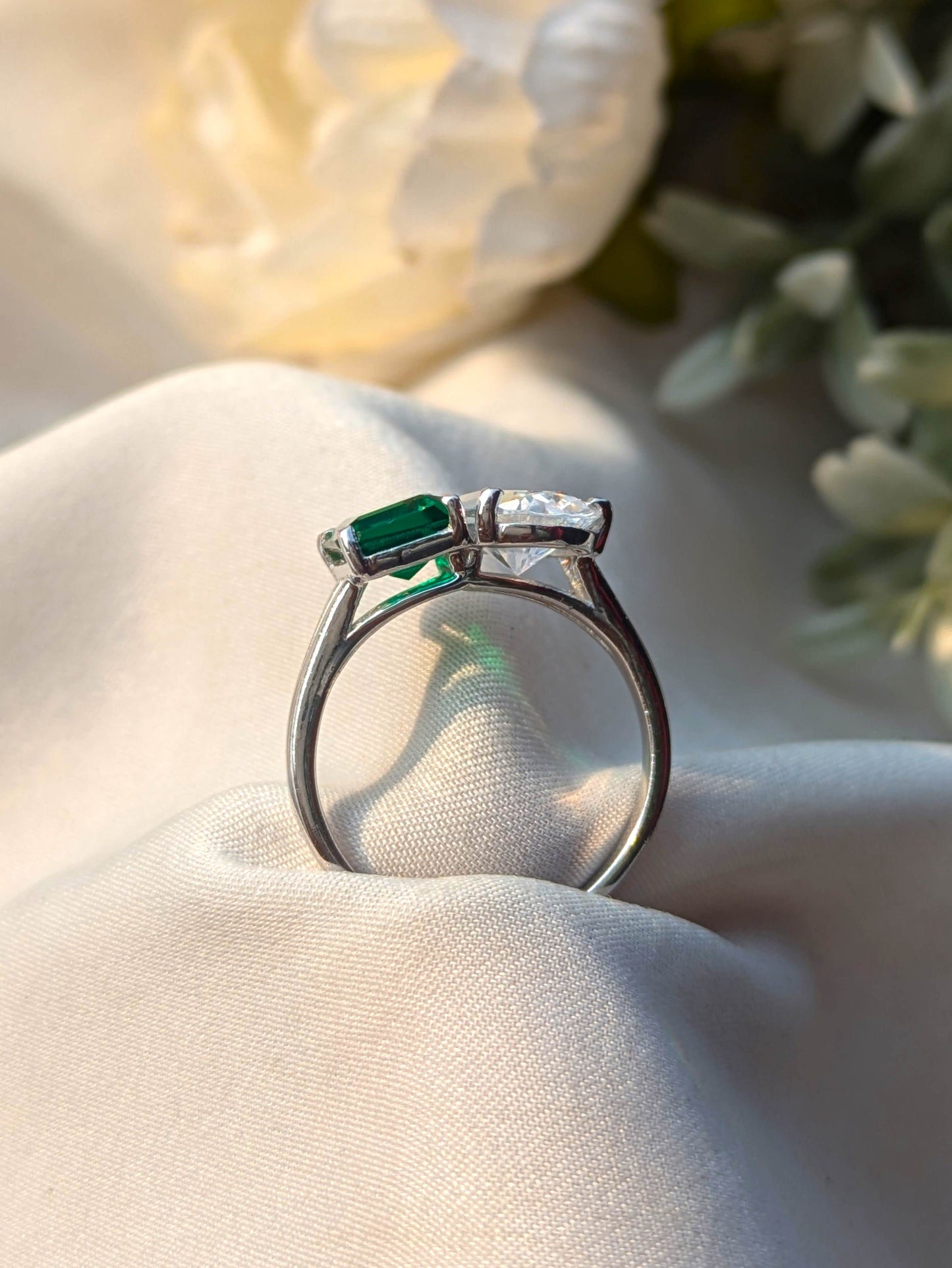 Green Emerald & Pear Toi Et Moi Solitaire Silver Ring