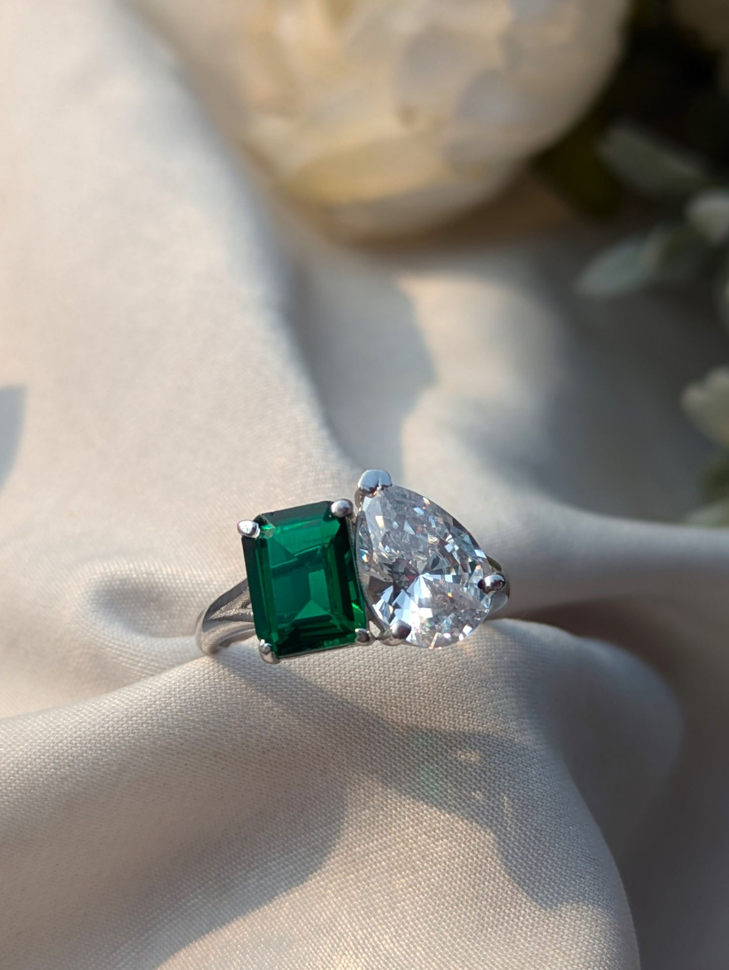 Green Emerald & Pear Toi Et Moi Solitaire Silver Ring