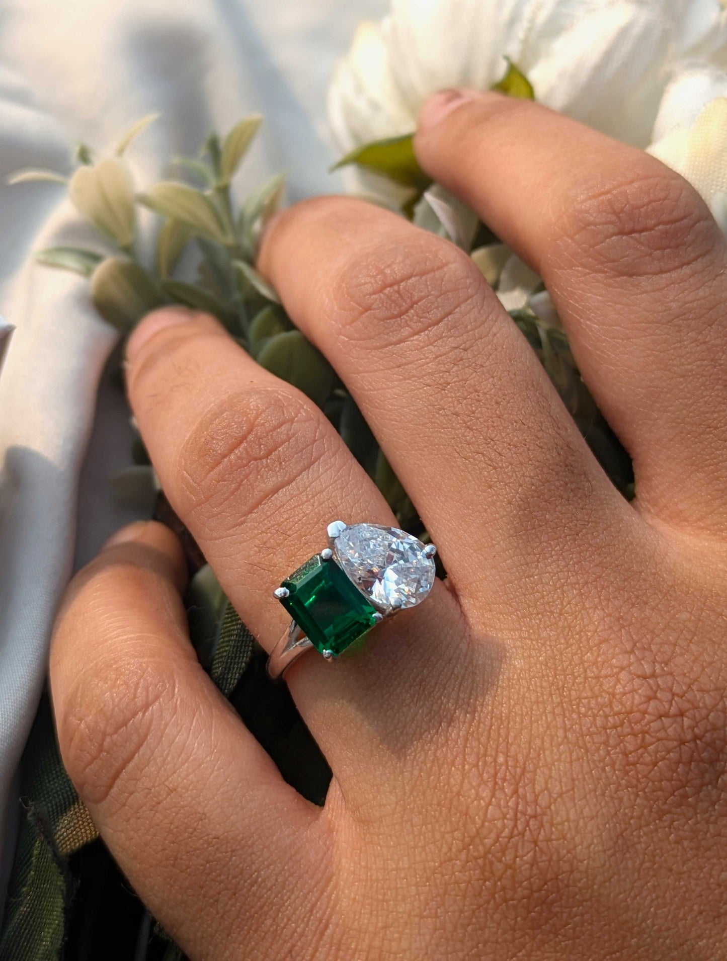 Green Emerald & Pear Toi Et Moi Solitaire Silver Ring