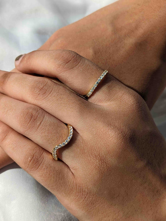 Curve Diamond Silver Ring + Minimal Diamond Ring (Set of 2) - Gryfiny