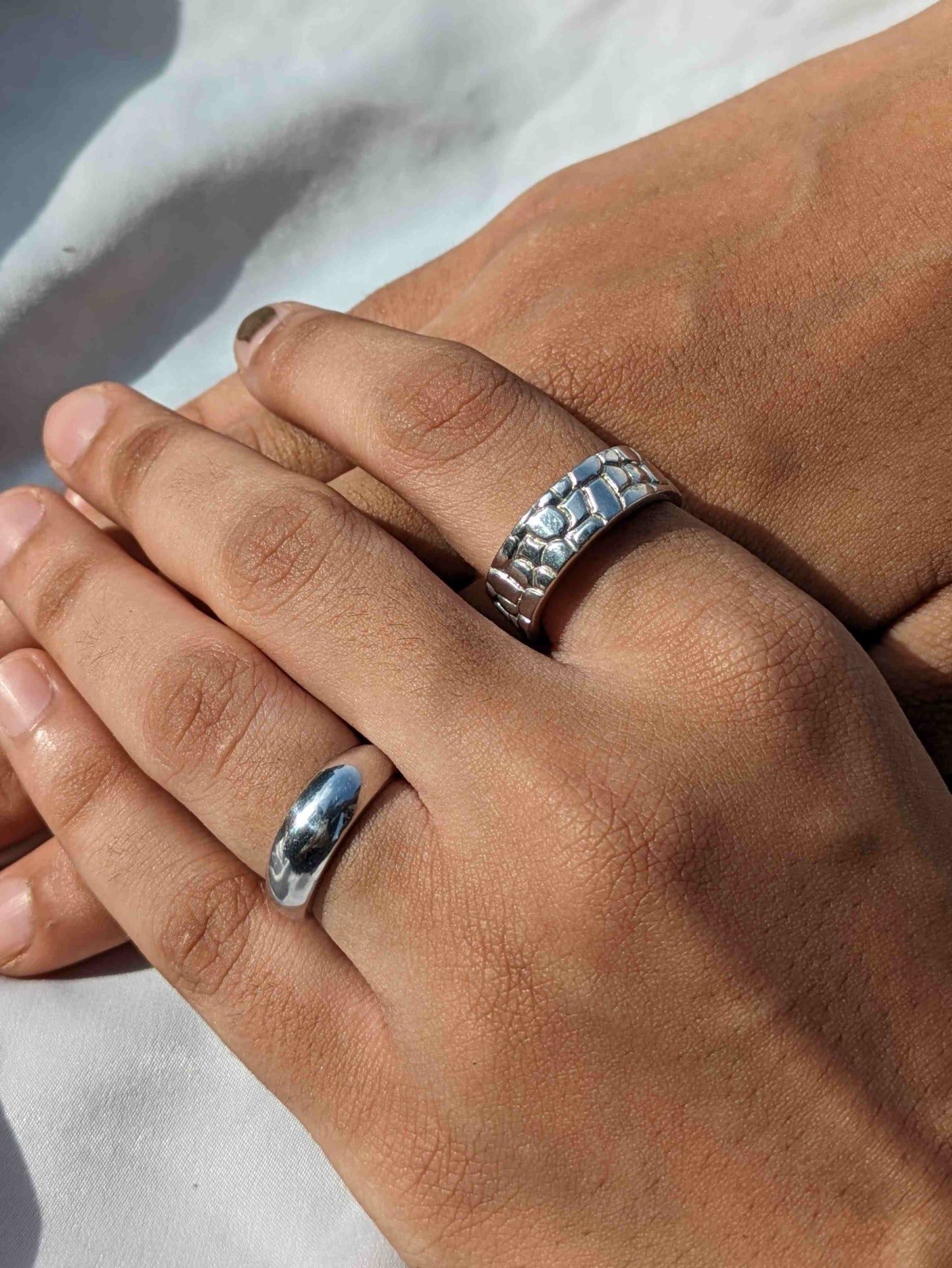 Dome Silver Ring + Textured Bold Band (Set of 2) - Gryfiny